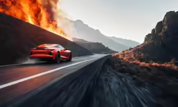 a red car driving down a highway near a mountain