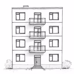 a drawing of two story house, with several balconies
