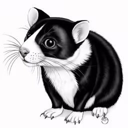 a black and white rat sitting on top of a white background