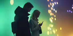 two people standing in front of some lights