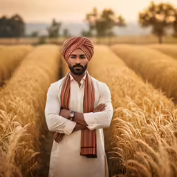 a man with his arms crossed standing in the middle of a wheat field