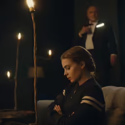 a woman sitting on a couch next to a pole with a candle