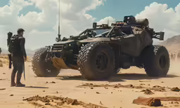 a man in military uniform stands next to an atv
