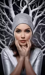 a woman wearing a silver outfit and a grey hat is holding her hands to her face