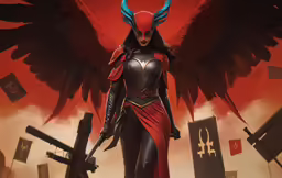 a woman in black and red outfit holding an angel wing