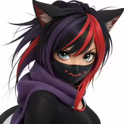a female character with black and red hair wearing a cat mask