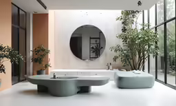 the living area features circular mirrors on the wall