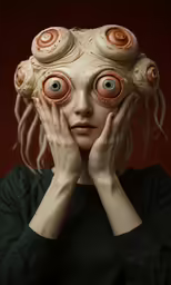 a woman holding her eyes with her head covered in two little heads