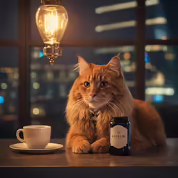 the cat is sitting next to a cup and saucer