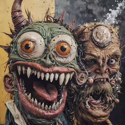 two monsters with large teeth and large fangs