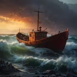 an oil painting of a fishing boat off shore at sunrise,a ship in rough seas at sunset with a sky filled with dark clouds