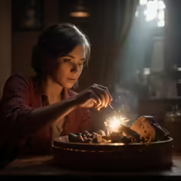 a woman lighting a candle in front of a platter with cookies
