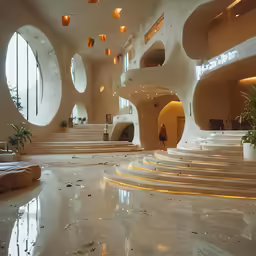 a large, modern living area with circular windows, a staircase and a plant