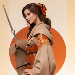 a woman wearing a tan coat holding a brown and orange handbag