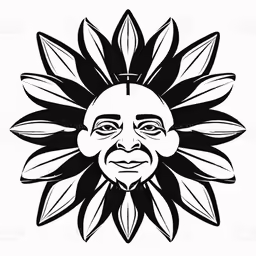 an old, sunflower like mask in black and white