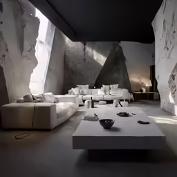 the large white living room has stone walls and floor