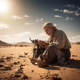 the woman squatted down on the ground working on a machine