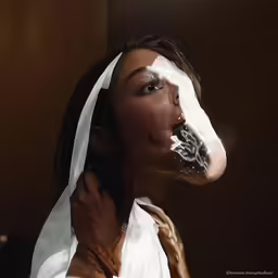 a woman covered in white frosting and makeup