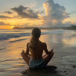 a woman is sitting in a lotus position on the beach,a girl sitting on the beach meditating