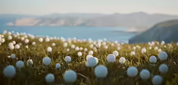 small white easter eggs stand in the grass