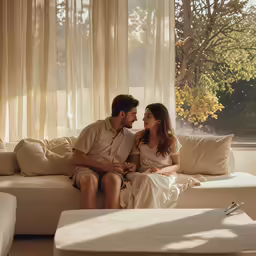 a couple sitting together on a couch smiling