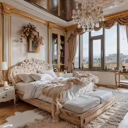 an elegant bedroom features white and gold furniture
