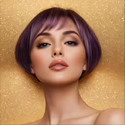 a girl with purple hair and makeup looks into the distance