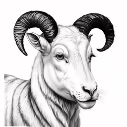 a ram with large horns is featured in this black and white drawing