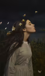 a woman looking up at flowers in a field