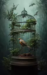 a bird in a cage with green leaves
