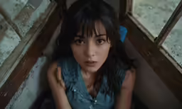 a woman with dark hair and blue shirt on sitting next to a window