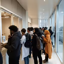 a group of people standing outside of a tall building