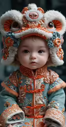 a doll sitting on top of a table wearing a hat