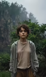 a young man standing in a forest posing for the camera