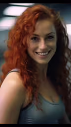 the beautiful woman with red curly hair is smiling for the camera,a beautiful woman smiling with long, red hair