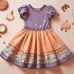 a purple and orange baby girl dress with cartoon pictures around it
