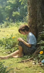 a girl in a field with trees and grass