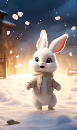 a bunny in winter clothes standing in the snow,there is a white rabbit wearing a suit