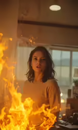 a woman in yellow sweater standing in front of flames