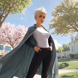 a woman in a cape is posing for a photo