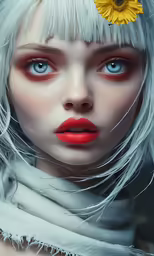 a lady with red makeup and sunflower in her hair