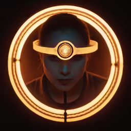 a woman is reflected in a mirror with a circular light around her