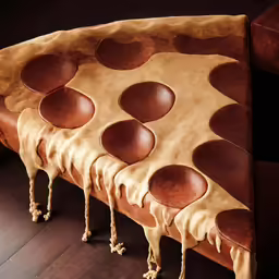 a large slice of pizza on a brown bench