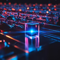 a group of glass cubes in a room with lights