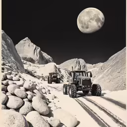 there are two trucks driving on the road under a full moon