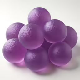 a pile of six purple balls, on a white surface