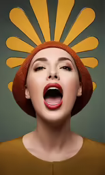 a woman with an orange hat and yellow hair sings into the air
