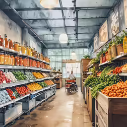there are many shelves and baskets of food in this supermarket
