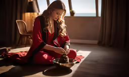 a young woman is sitting on the floor preparing food