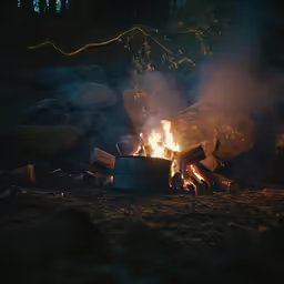 a fire is glowing in the dark with a bucket sitting in front of it